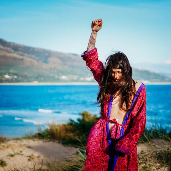Kimono Seda Vintage reversible fucsia cisnes