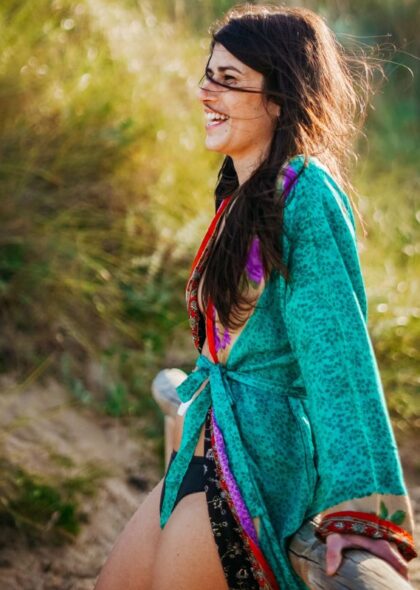 Kimono Seda Vintage reversible turquesa negro