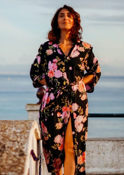 maxi kimono viscosa flores rosa GlobE Tarifa